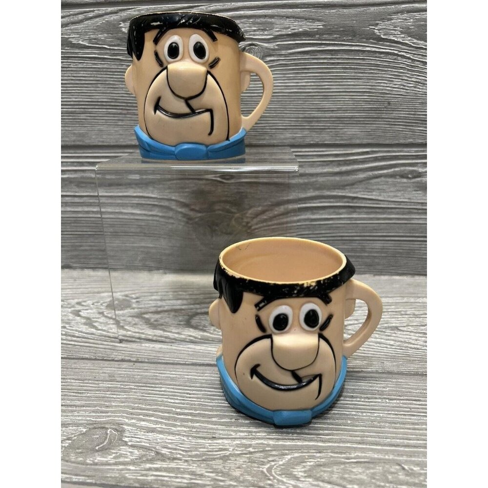 Fred Flintstone Vintage 1968 Vitamins Figure Head Plastic Cup Mug Set of 2